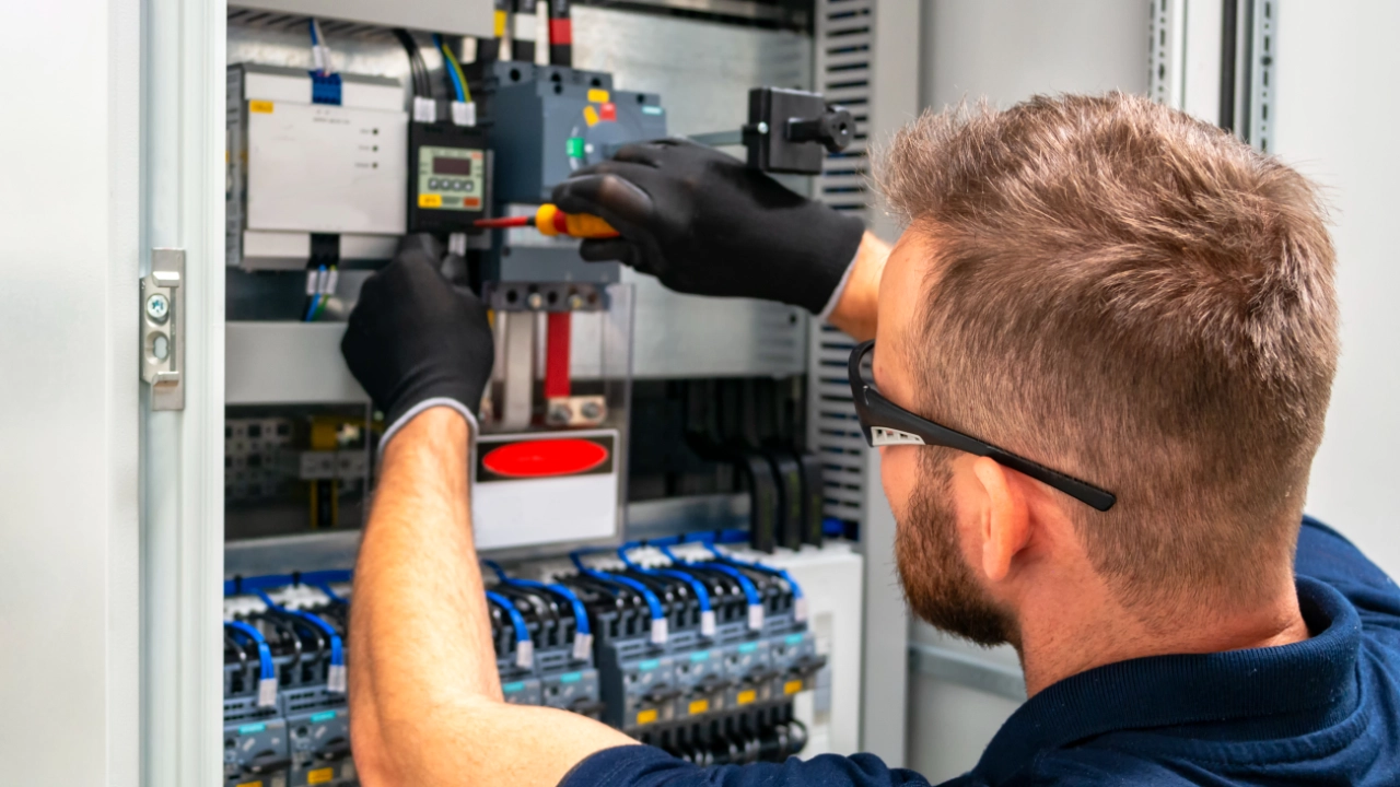 Ein Elektroniker mit Schutzbrille und Handschuhen arbeitet an einem Schaltschrank