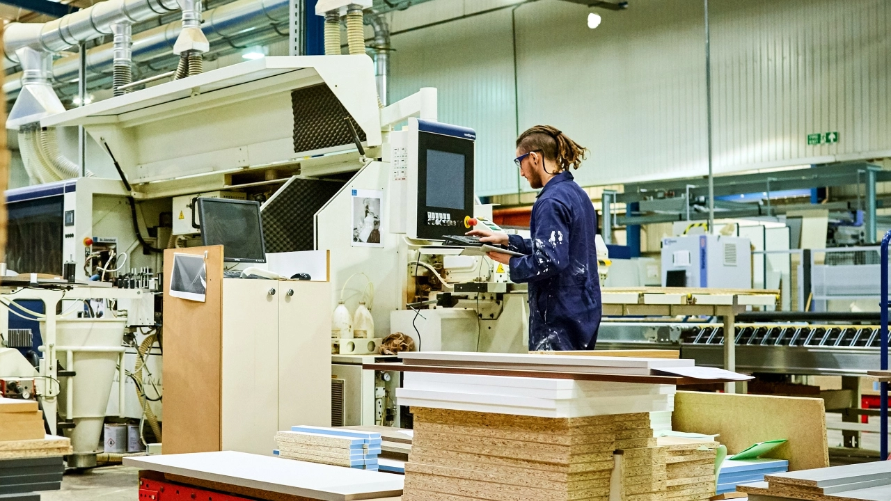Ein junger Mann im Blaumann mit Dreadlocks arbeitet an einer Maschine. Im Vordergrund liegen mehrere Stappel Bretter.