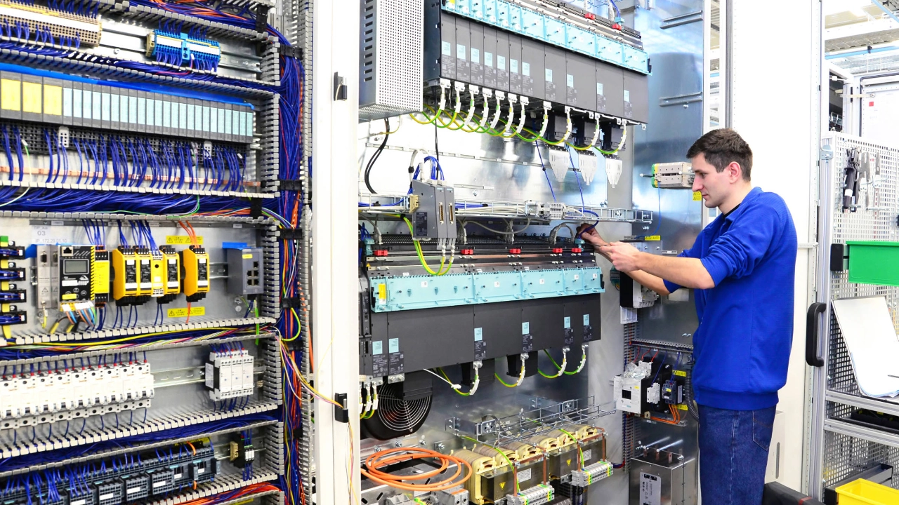 Ein junger Mann in der Produktion von Schaltschränken für Industrieanlagen.