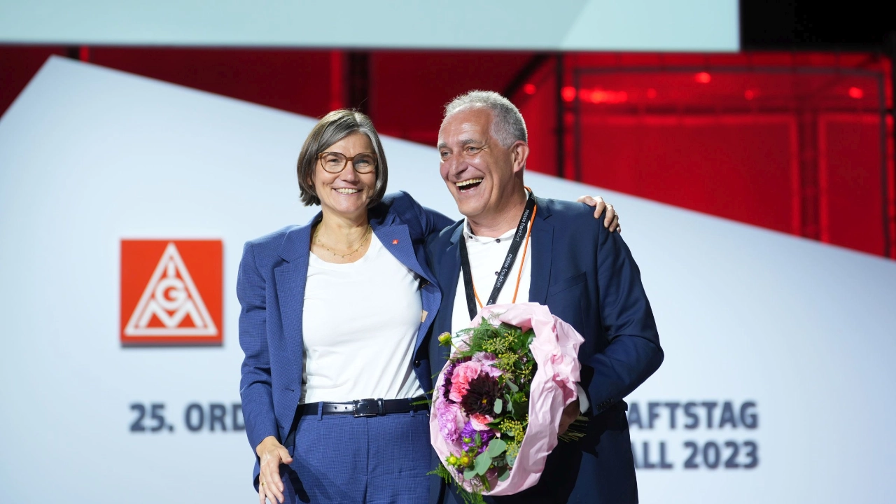 Christiane Benner und Jürgen Kerner auf dem 25. Ordentlichen Gewerkschaftstag der IG Metall in Frank.